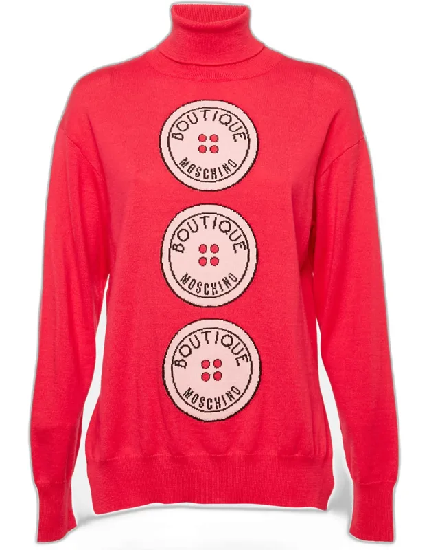 Button Intarsia Wool Knit Turtle Neck Sweater
