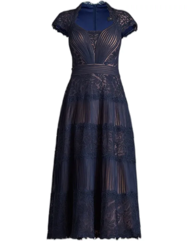 Pleated Mesh & Textured Lace Midi Dress