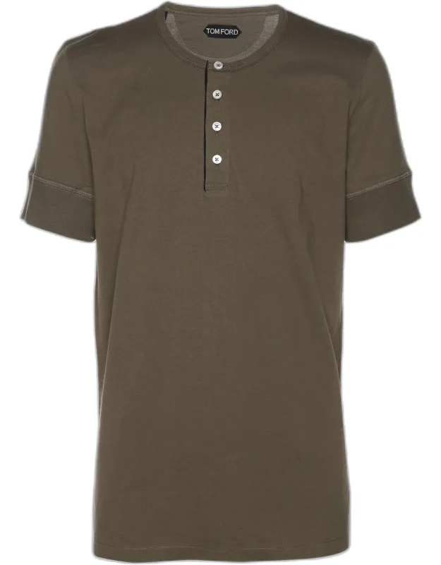 Olive Green Cotton Knit Henley T-shirt