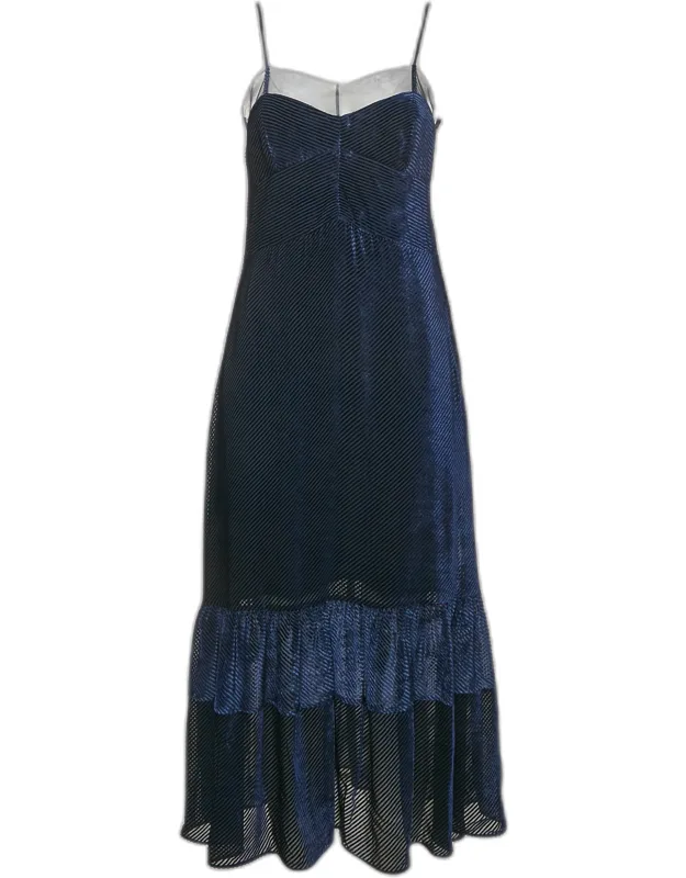 Diagonal Stripe Velvet Flounce Long Dress