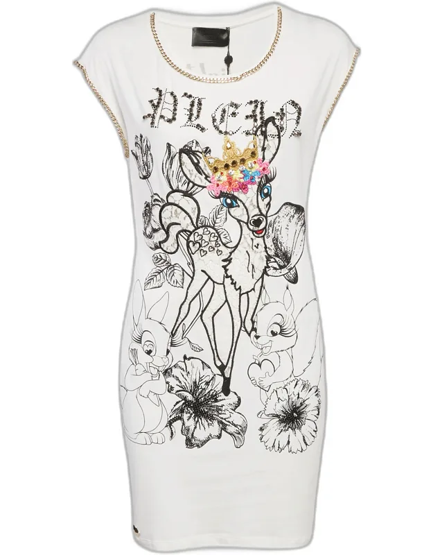 Couture White Deer Embellished Cotton Mini Dress