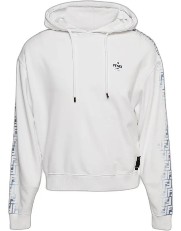 White Ff Print Cotton Knit Hoodie