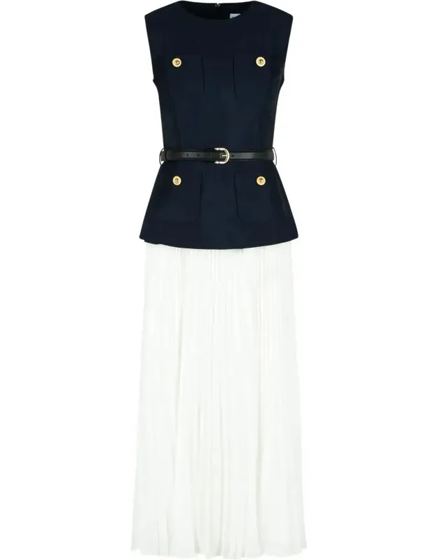 Self-portrait 'taffeta' Dress With Buckle Belt And Pleated Skirt