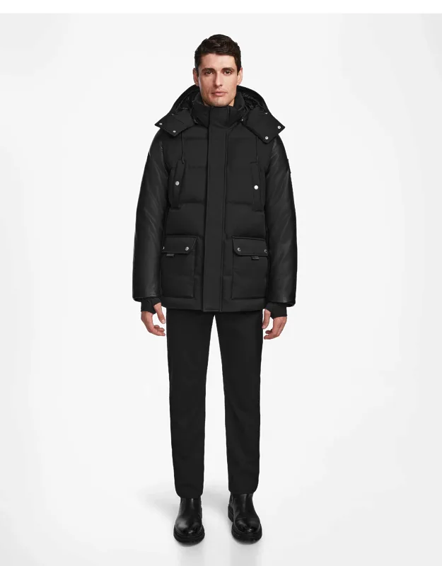 Quilted Down Parka With Hood And Recycled Leather Sleeves