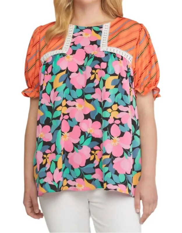 Mixed Print & Lace Blouse - Plus With Floral Pattern And Ruffle Detailing