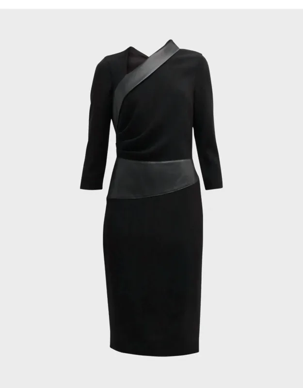 Faux Leather Trim Crepe Dress