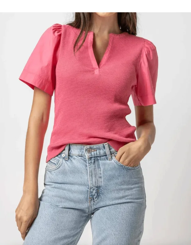 Woven Sleeve Split Neck Top