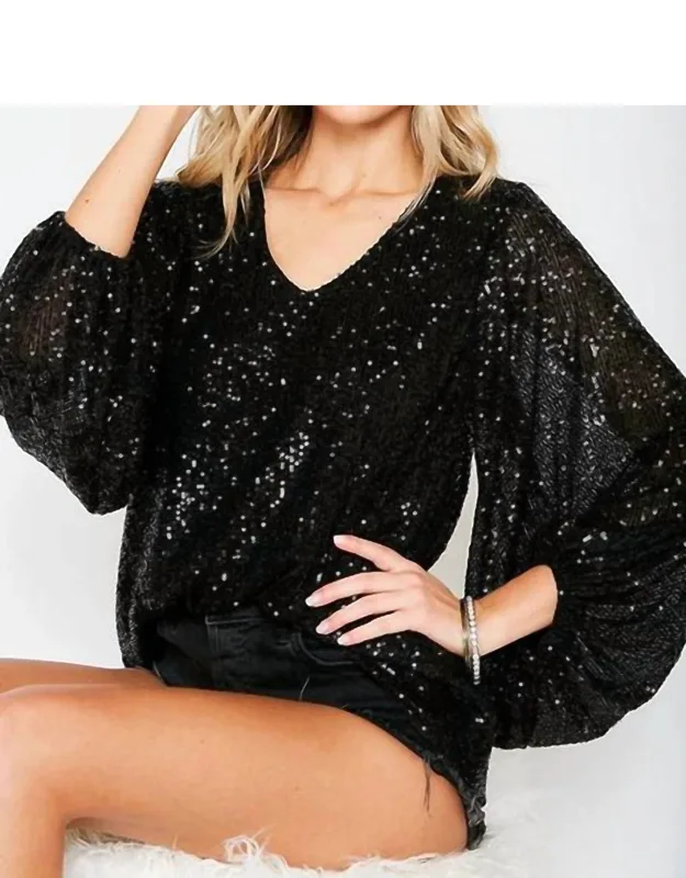 V Neck Balloon Sleeve Sequin Top