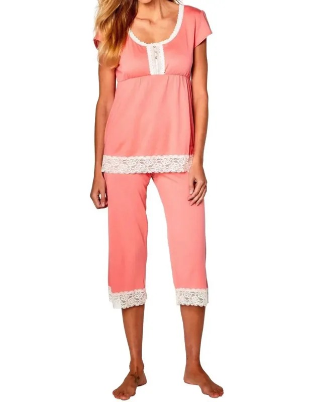 Sophie Trends Short Sleeve Top Cropped Pant Pj Set In Coral