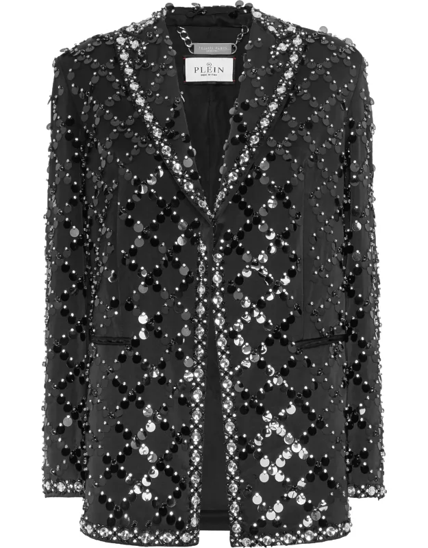 Blazer Boyfriend Fit Plein Paillettes Satin Peak Lapels