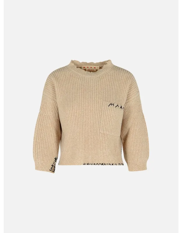 Beige Mouliné Virgin Wool Sweater With 'mending' Embroider, Turtleneck, Deep Side Splits