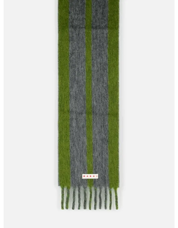 Grey Mohair Blend Scarf With Fringes, Striped Pattern, Fringed Hem