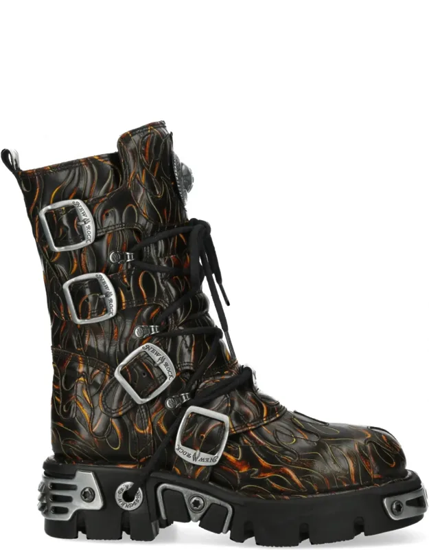 Mid-calf High Flame Leather Metallic Gothic Boots