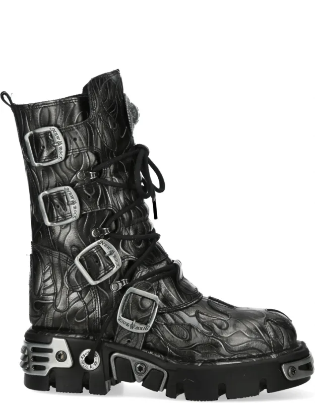 Mid-calf High Steel Leather Metallic Gothic Boots
