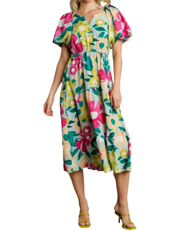 Floral Balloon Sleeve Midi Dress