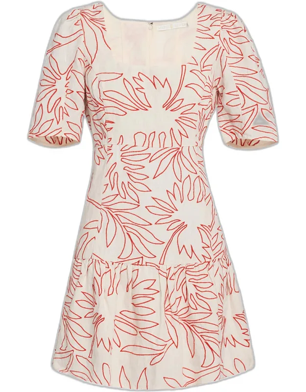 Embroidered Square-neck Linen Mini Dress