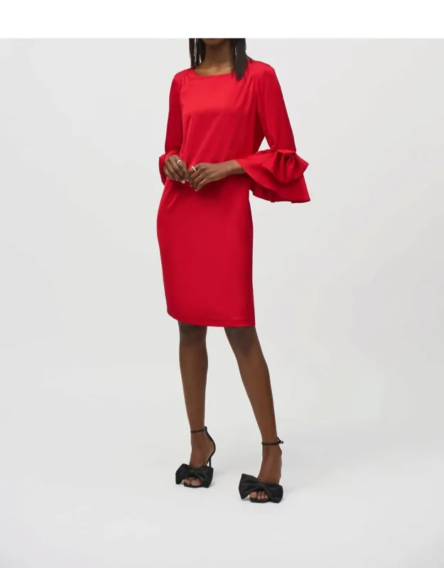 Satin Ruffle Sleeve Straight Dress With Three-quarter Sleeves And Boatneck