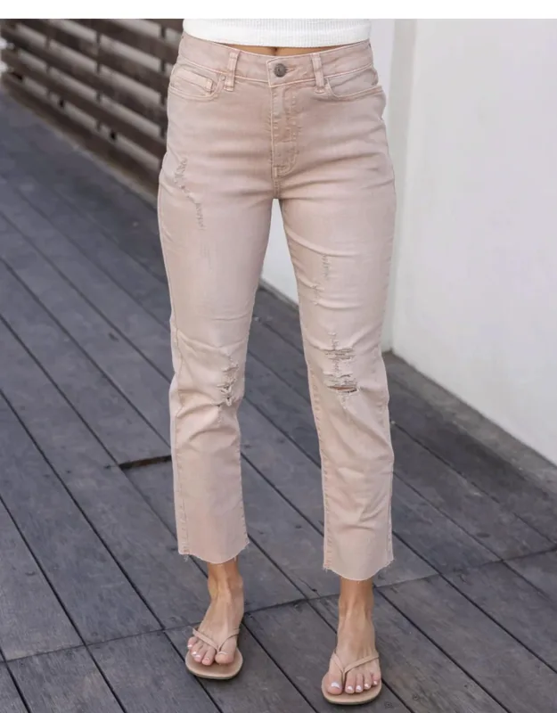 Distressed Cropped Straight Leg Denim Jeans