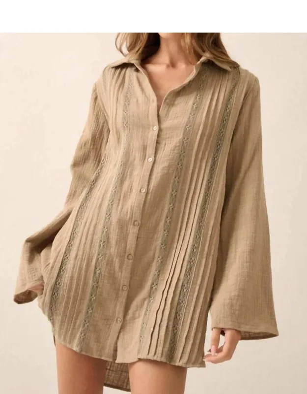 Pleated Lace-trim Mini Shirt Dress