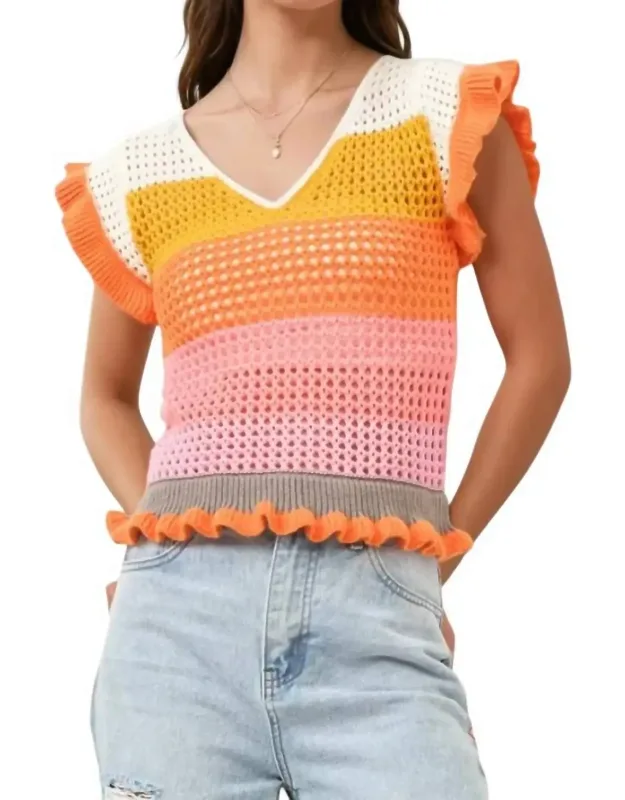 Keesha Crochet Knitted Multi Stripe Ruffle Sleeve Top