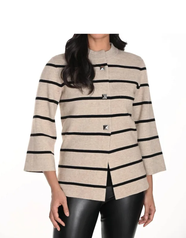 Knit Jacket - Chic Stripe Pattern, Three-quarter Sleeves