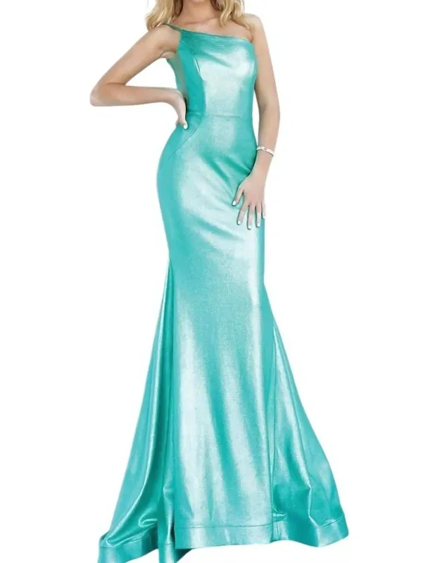Metallic Fitted One Shoulder Prom Dress