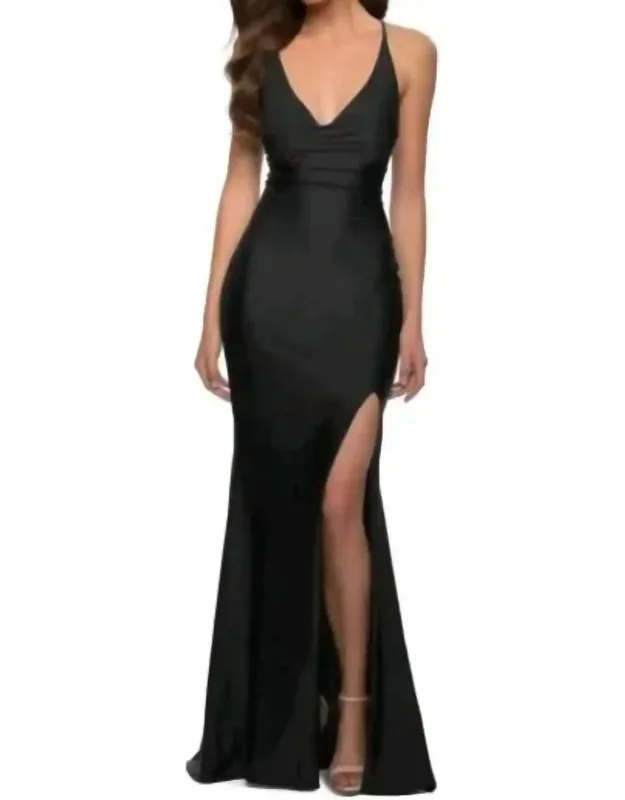 Plunging Neck High Slit Strappy Back Gown