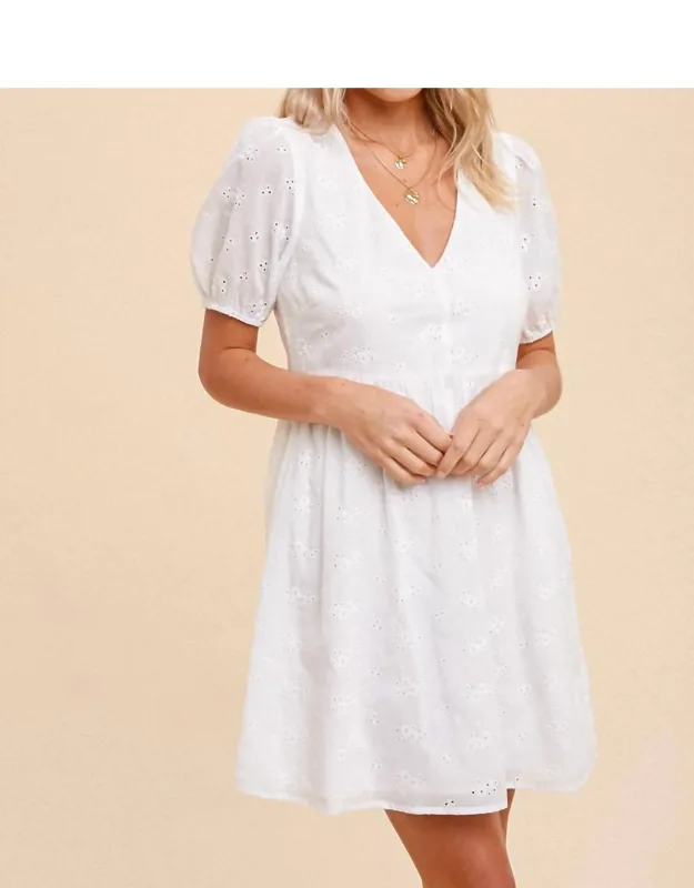 V Neck Puff Sleeve Eyelet Embroidery Dress