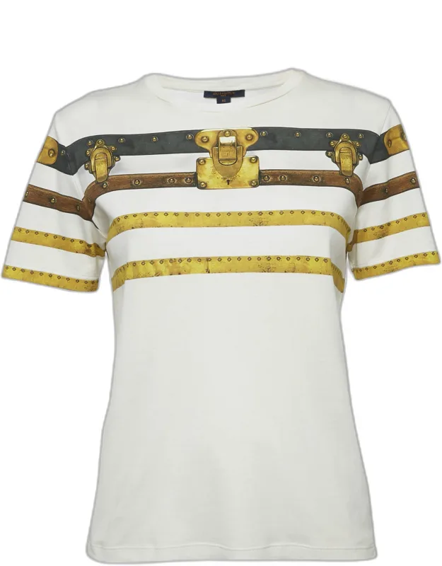 Cream Printed Cotton Crew Neck T-shirt