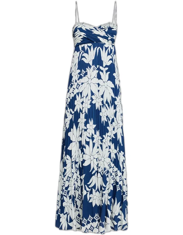 Pleated Floral-print Empire Maxi Dress