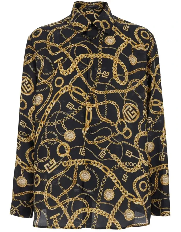 Shirt With Pointed Collar And Chain Print In Silk