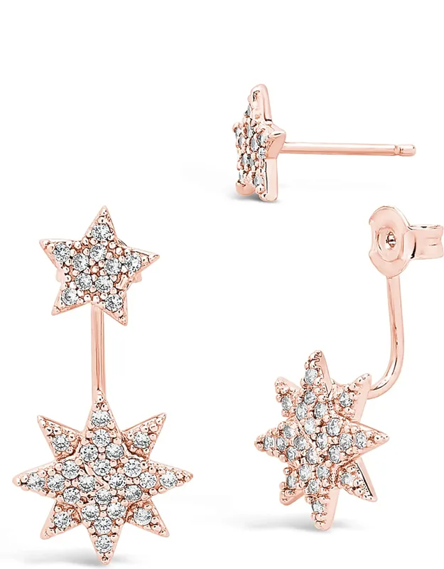 Cz Starburst Jacket Earrings - Cz-studded Stars, Post Back