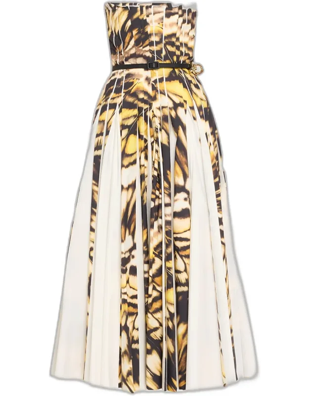 Pleated Butterfly Poplin Ankle Dress With Belt