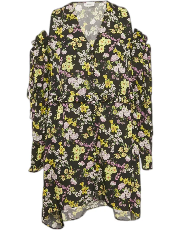 Floral Print Silk Cold-shoulder Dress