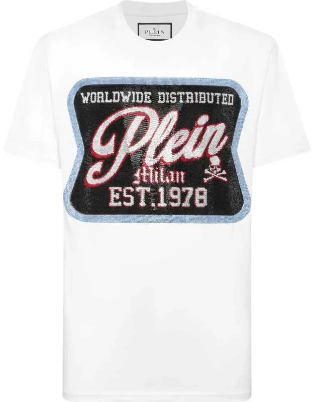 Round Neck T-shirt Patch Milan With Intricate Glass Embellishments And Statement Logo Patch