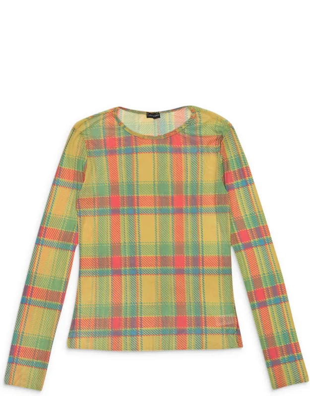 Plaid Long Sleeve Mesh Crewneck Sweater