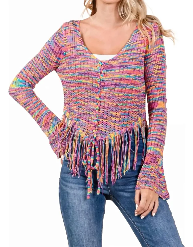 Marled Yarn Lace Up Front Fringe Hem Sweater