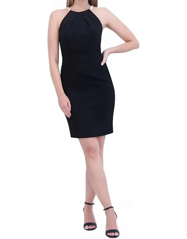 Imitation Pearl Halter-neck Sleeveless Sheath Dress