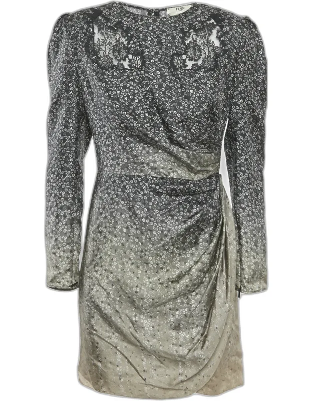 Floral Print Fading Silk Lace Trim Mini Dress