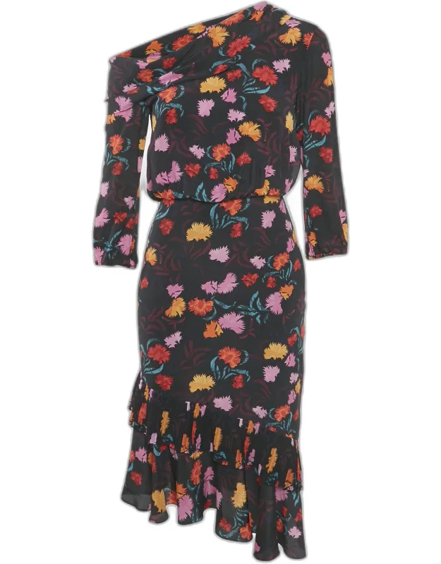 Silk Ruffled Asymmetric Midi Dress