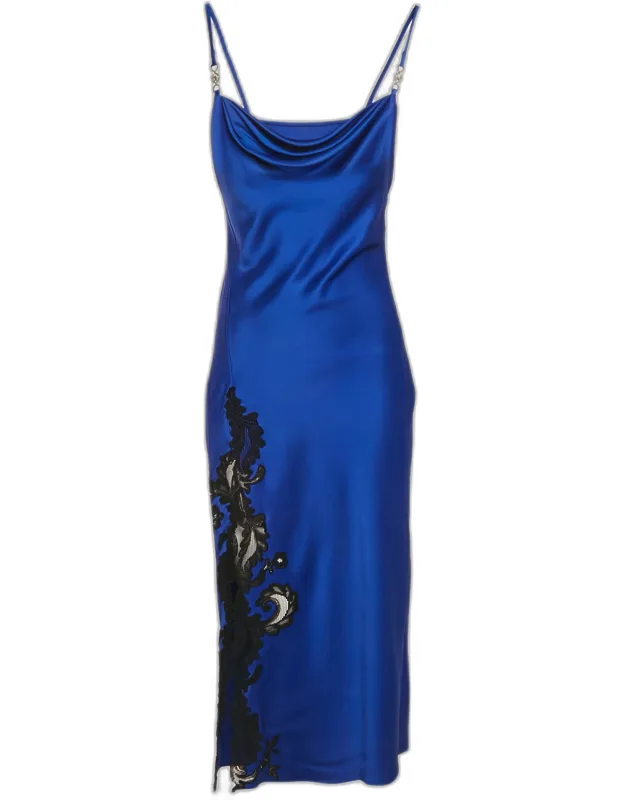 Barocco Lace Satin Silk Cowl Neck Slip Dress