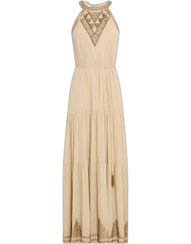 Beaded Tiered Halter Maxi Dress