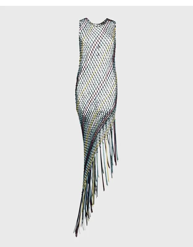 Nabia Sleeveless Asymmetric Net Midi Dress