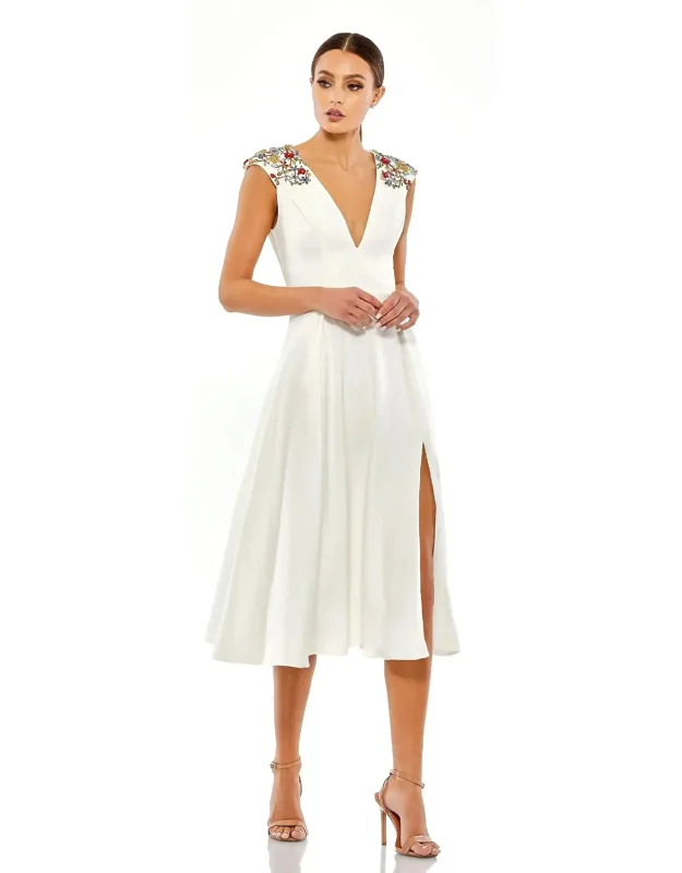 Beaded Cap Sleeve A Line Wedding Guest Midi Dress