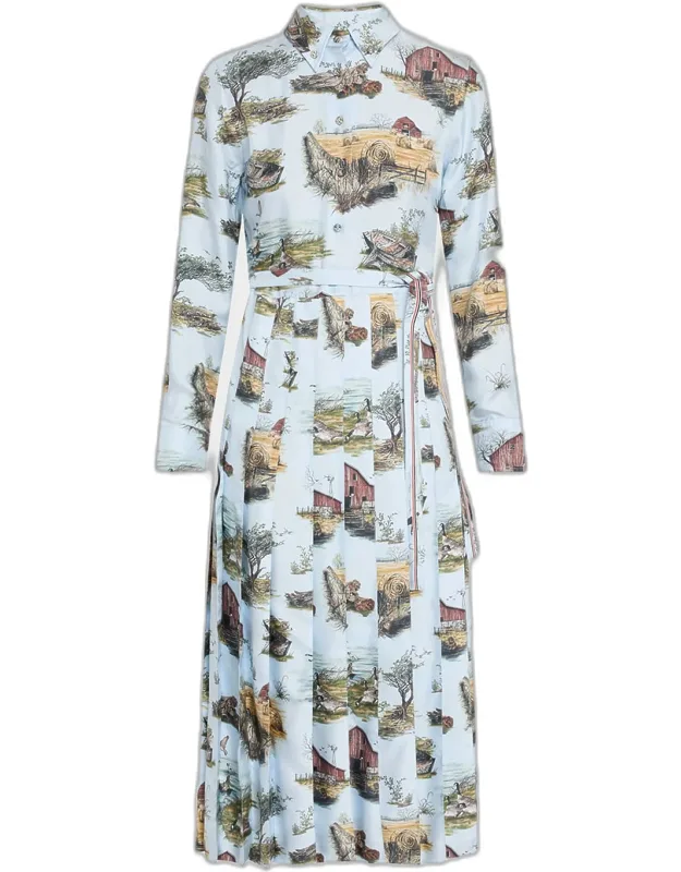 Scenic Toile Silk Twill Pleated Midi Shirtdress
