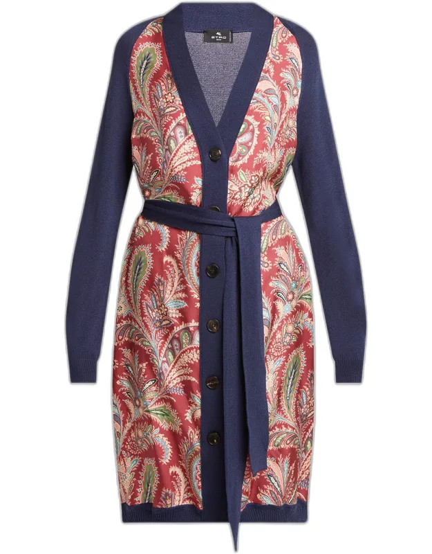 Floral Foulard-panel Belted Long Cardigan