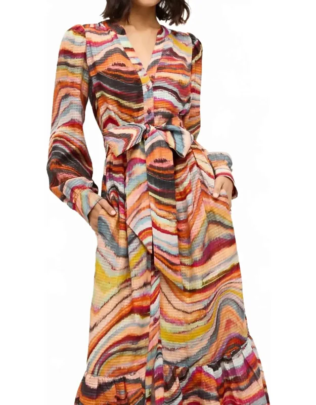 Hannon Dress - Long Sleeve, Wavy Stripe Pattern