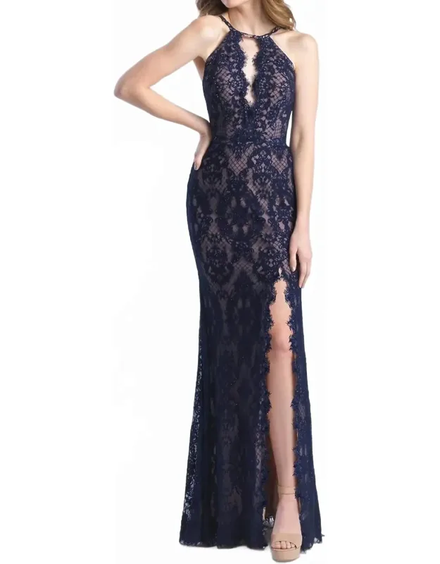 Lace Allover Slit Halter Prom Dress