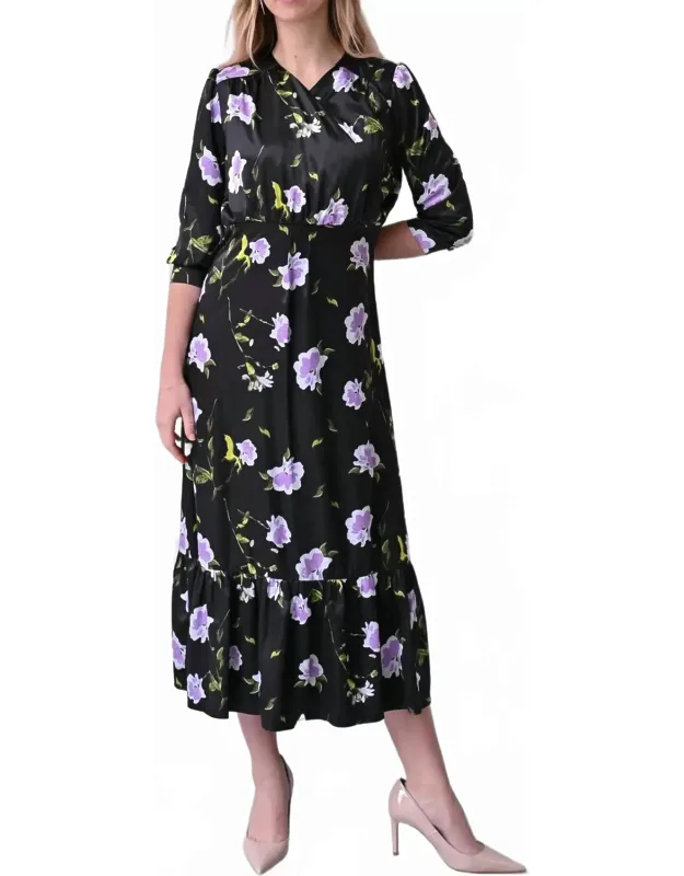 Nova Dress In Floral With Three-quarter Sleeves And V-neckline