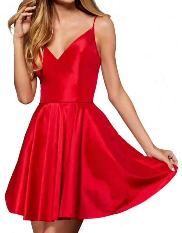 Satin Cocktail Dress With V-neck Bodice